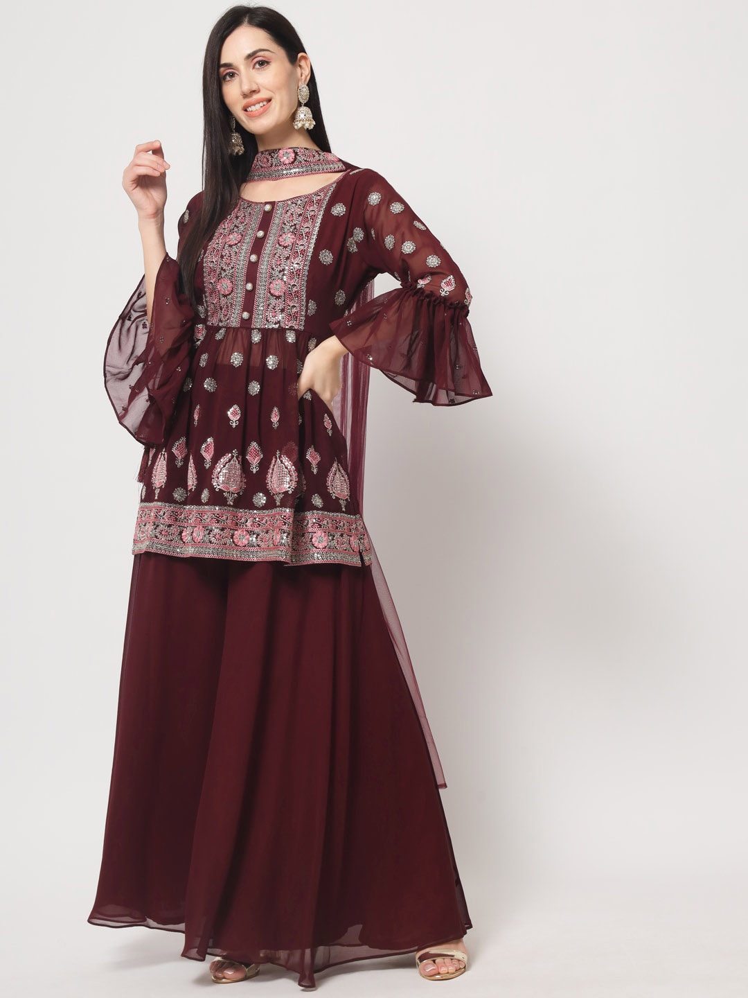 KALINI Floral Embroidered Sequined Georgette A-Line Kurta with Palazzos & Dupatta, Burgundy
KALINI Floral Embroidered Sequined Georgette A-Line Kurta with Palazzos & Dupatta, Burgundy