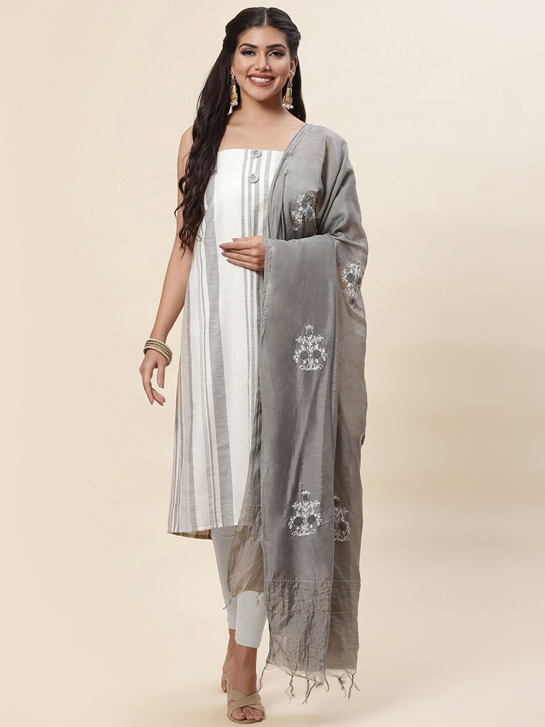 Meena Bazaar Grey & White Pure Cotton Unstitched Dress Material
