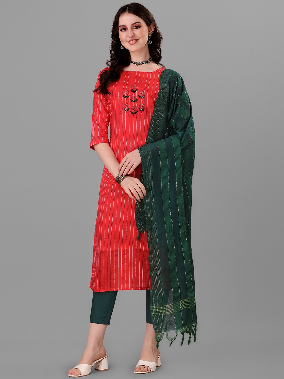 Angroop Striped Thread Work Pure Cotton Kurta with Trousers & Dupatta, Red