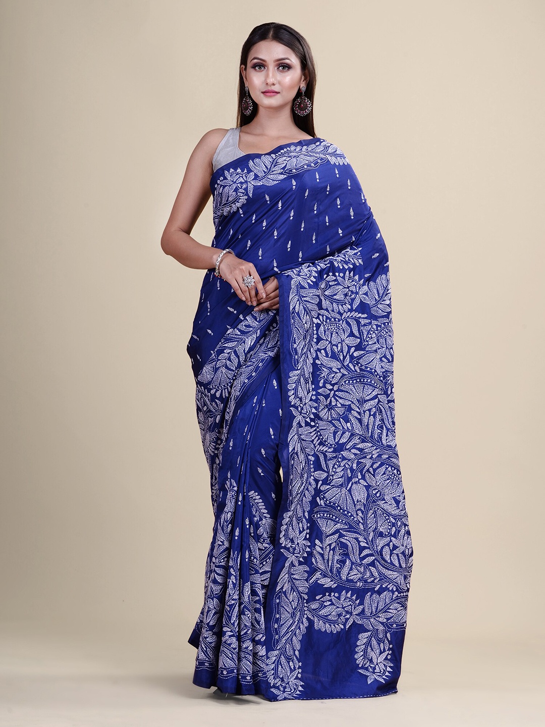 Laa Calcutta Blue & White Floral Kantha Work Pure Silk Saree