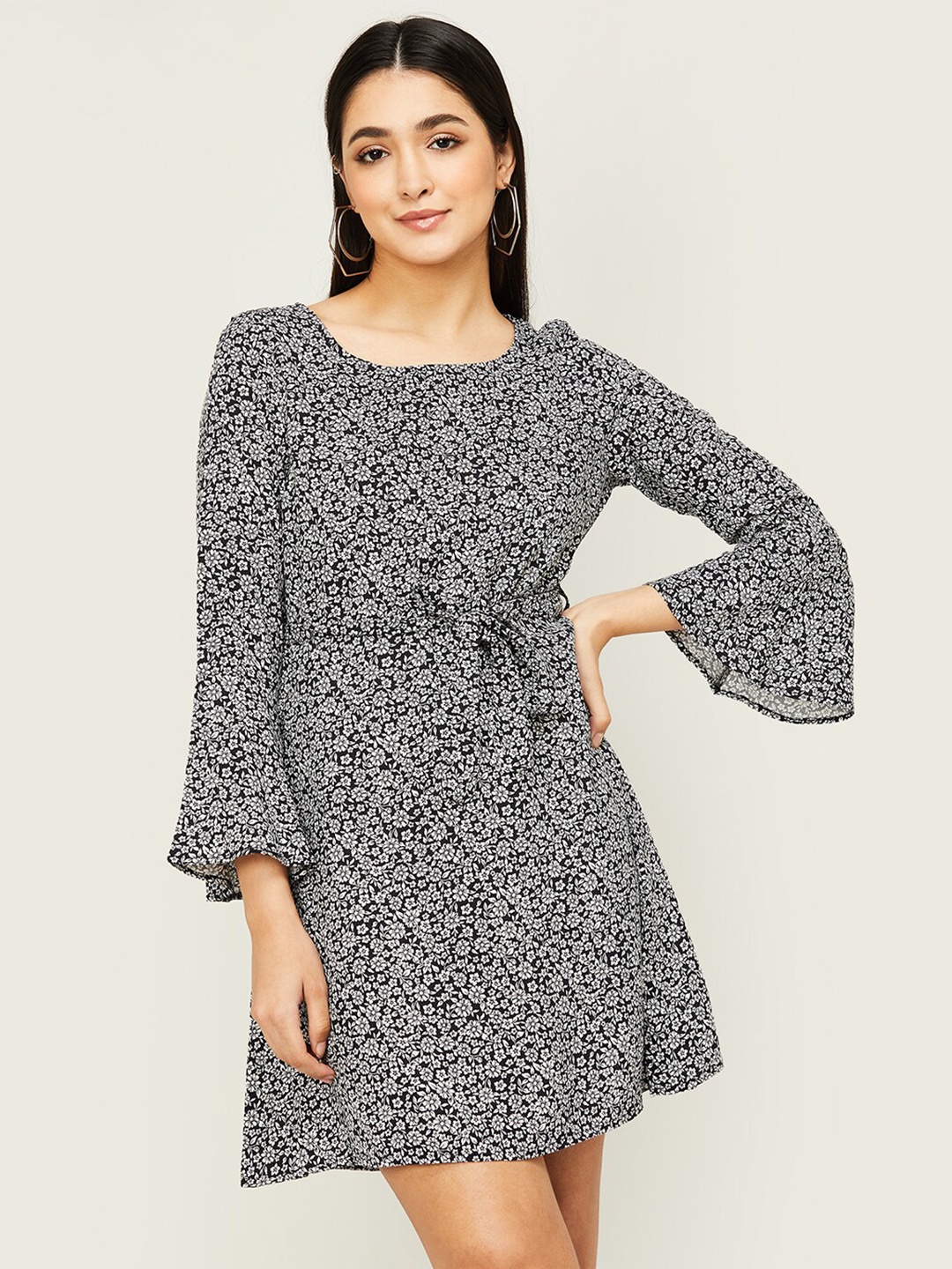 Fame Forever by Lifestyle Floral Tie-Up A-Line Dress, Grey