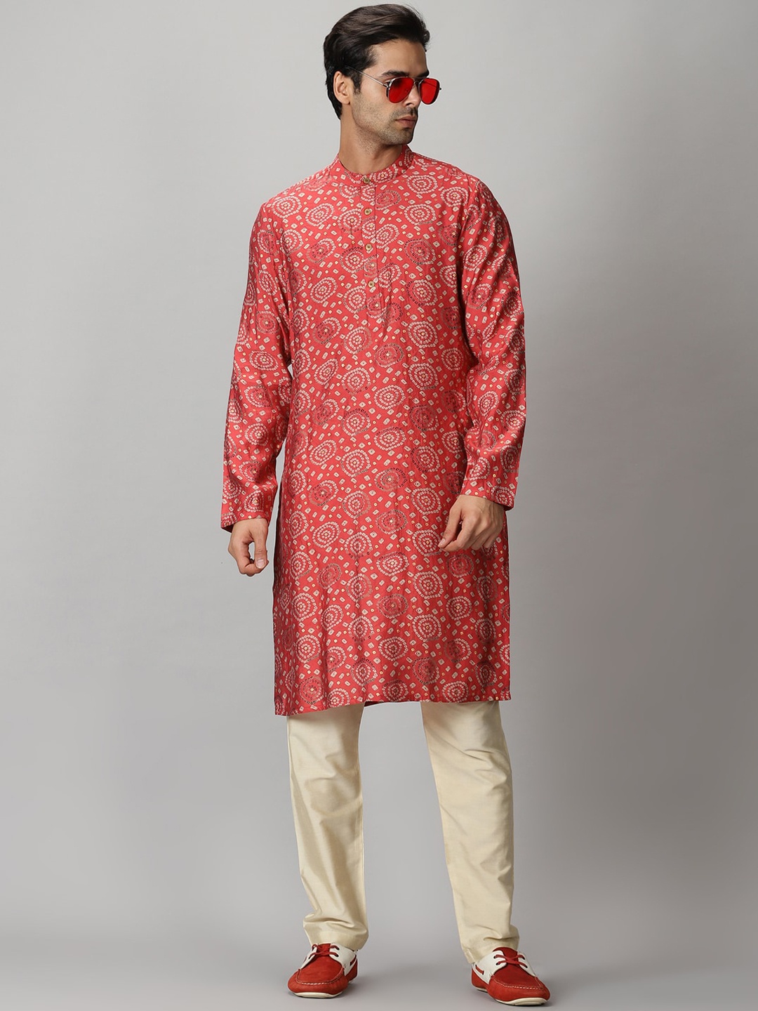 Saffron Threads Band Collar Bandhani Printed Kurta, Coral