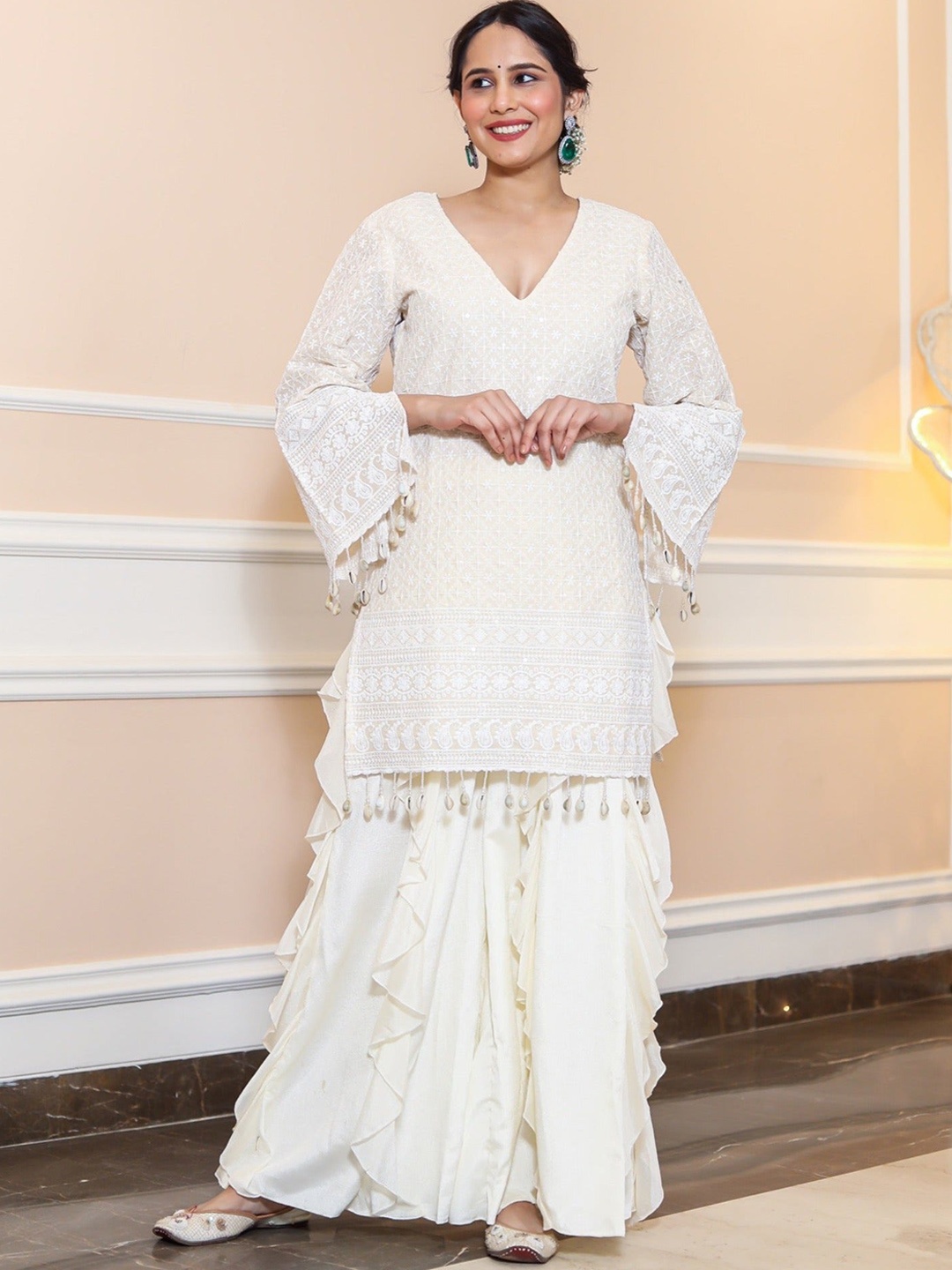 Thread & Button Floral Embroidered Tasselled Pure Cotton Kurta with Sharara, Off white
Thread & Button Floral Embroidered Tasselled Pure Cotton Kurta with Sharara, Off white