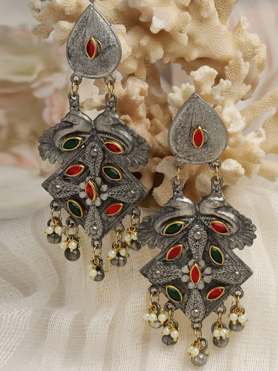 Moedbuille Silver Plated Pearls Studded Antique Peacock Shaped Oxidised Drop Earrings, Red
Moedbuille Silver Plated Pearls Studded Antique Peacock Shaped Oxidised Drop Earrings, Red