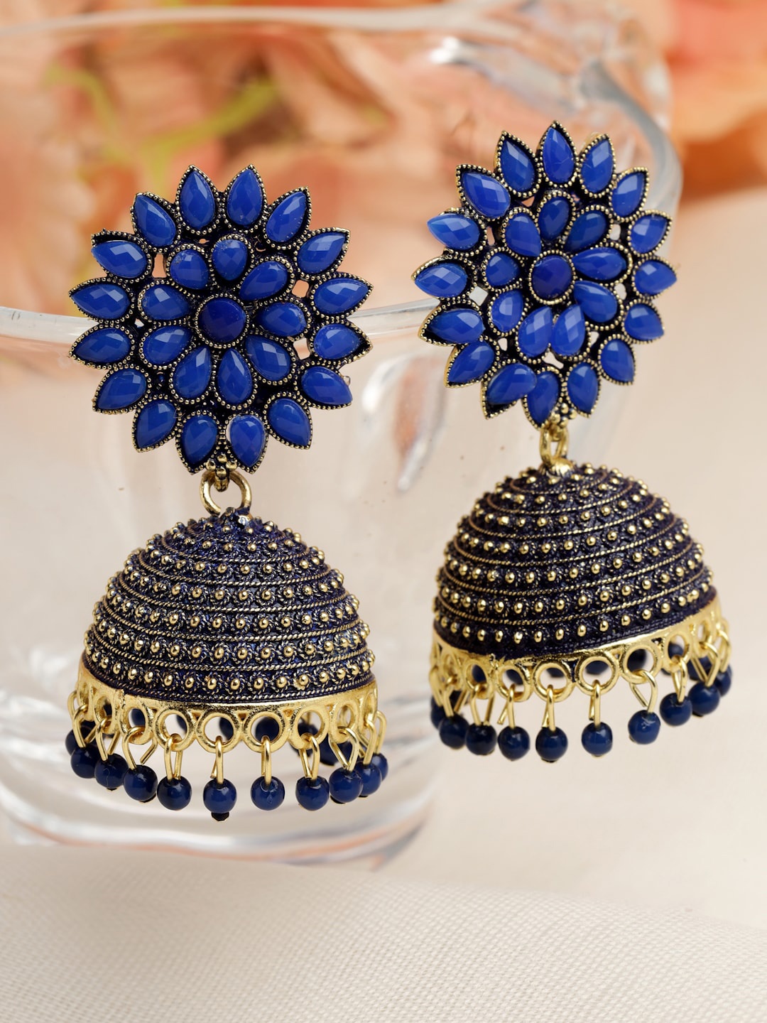 Moedbuille Meenakari Work Crystals Studded Floral Design Oxidised Gold Plated Jhumkas, Blue
Moedbuille Meenakari Work Crystals Studded Floral Design Oxidised Gold Plated Jhumkas, Blue