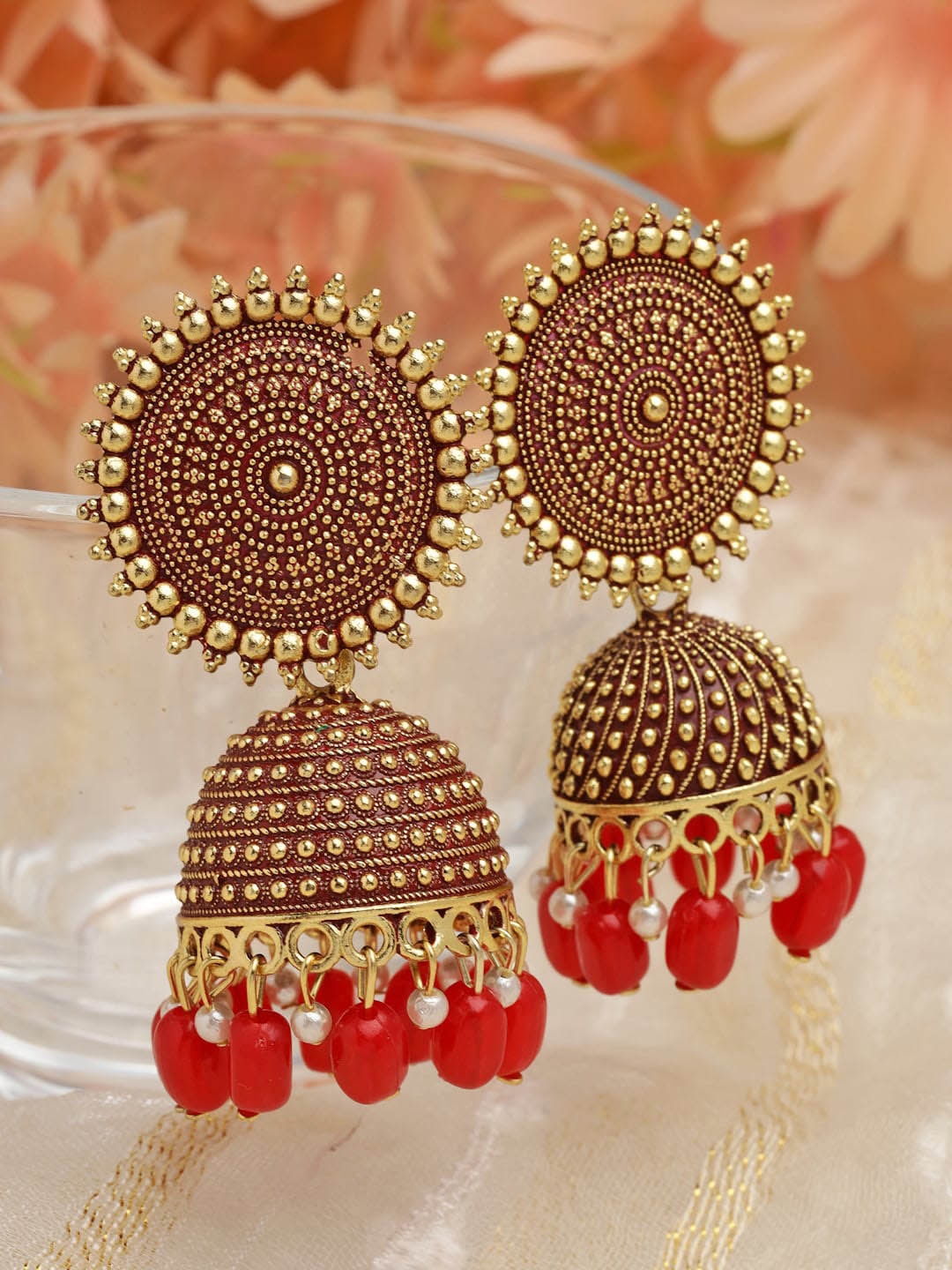 Moedbuille Meenakari Work Tasselled Floral Design Oxidised Gold Plated Antique Jhumkas, Red
Moedbuille Meenakari Work Tasselled Floral Design Oxidised Gold Plated Antique Jhumkas, Red