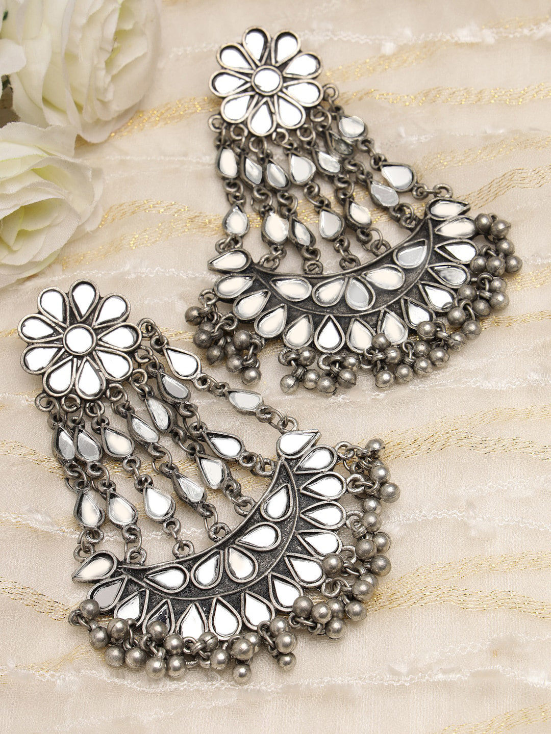 Moedbuille Silver-Plated Floral Mirror Work Afghan Tribal Design Oxidised Chandbalis
Moedbuille Silver-Plated Floral Mirror Work Afghan Tribal Design Oxidised Chandbalis