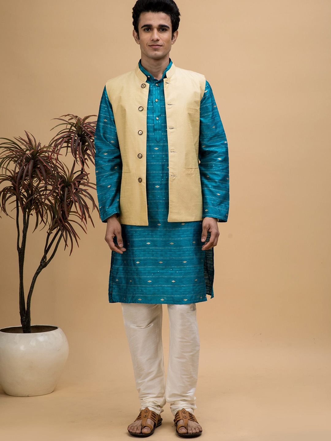 NEUDIS Ethnic Motifs Woven Design Dupion Silk Kurta With Churidar & Nehru Jacket, Blue
NEUDIS Ethnic Motifs Woven Design Dupion Silk Kurta With Churidar & Nehru Jacket, Blue
