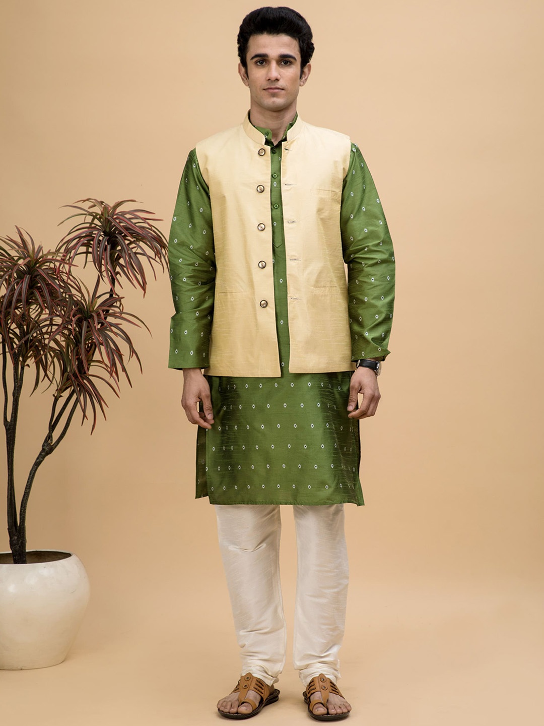 NEUDIS Ethnic Motifs Woven Design Dupion Silk Kurta With Churidar & Nehru Jacket, Green
NEUDIS Ethnic Motifs Woven Design Dupion Silk Kurta With Churidar & Nehru Jacket, Green