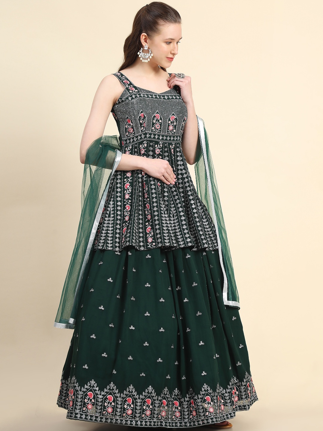 KALINI Floral Embroidered Sequined Empire Mirror Work Kurti with Skirt & Dupatta, Green
KALINI Floral Embroidered Sequined Empire Mirror Work Kurti with Skirt & Dupatta, Green