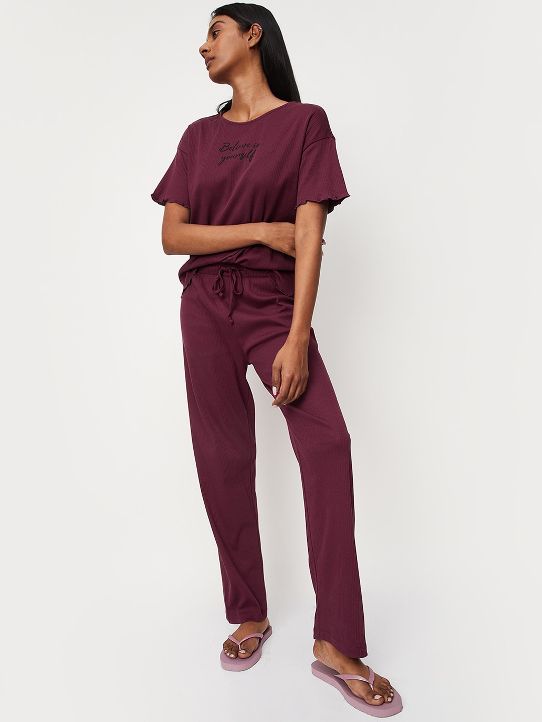max Typography Printed Pure Cotton Night Suit, Maroon