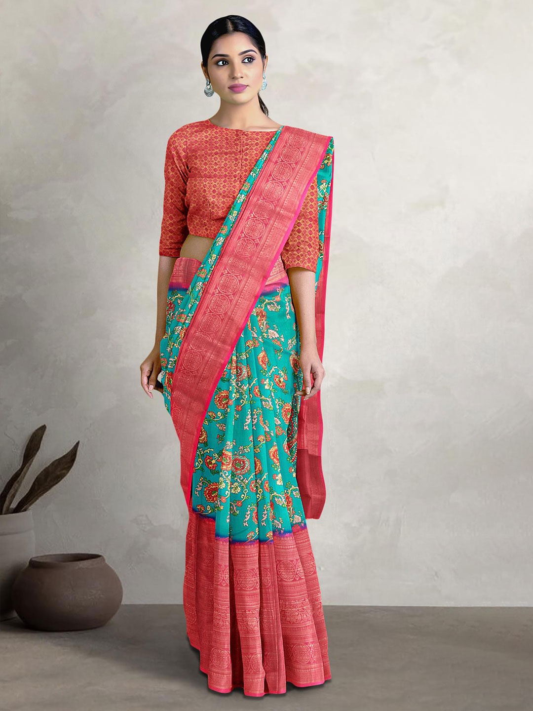 Kalamandir Floral Printed Zari Saree, Green