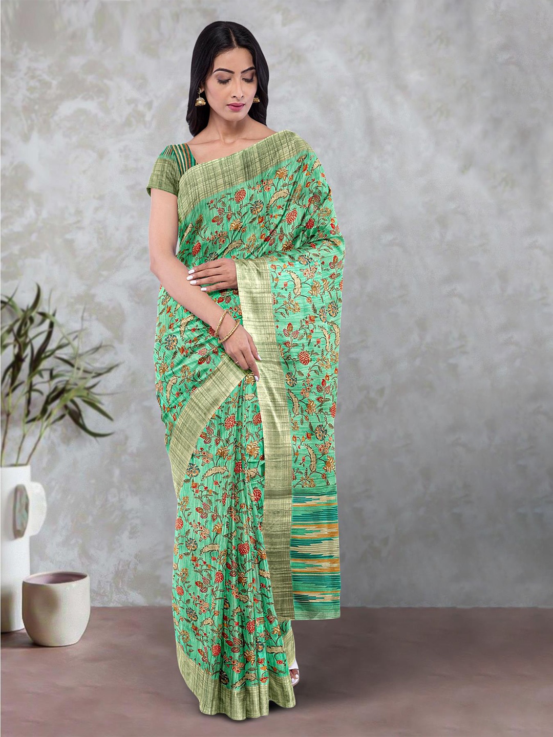 Kalamandir Floral Printed Zari Saree, Green