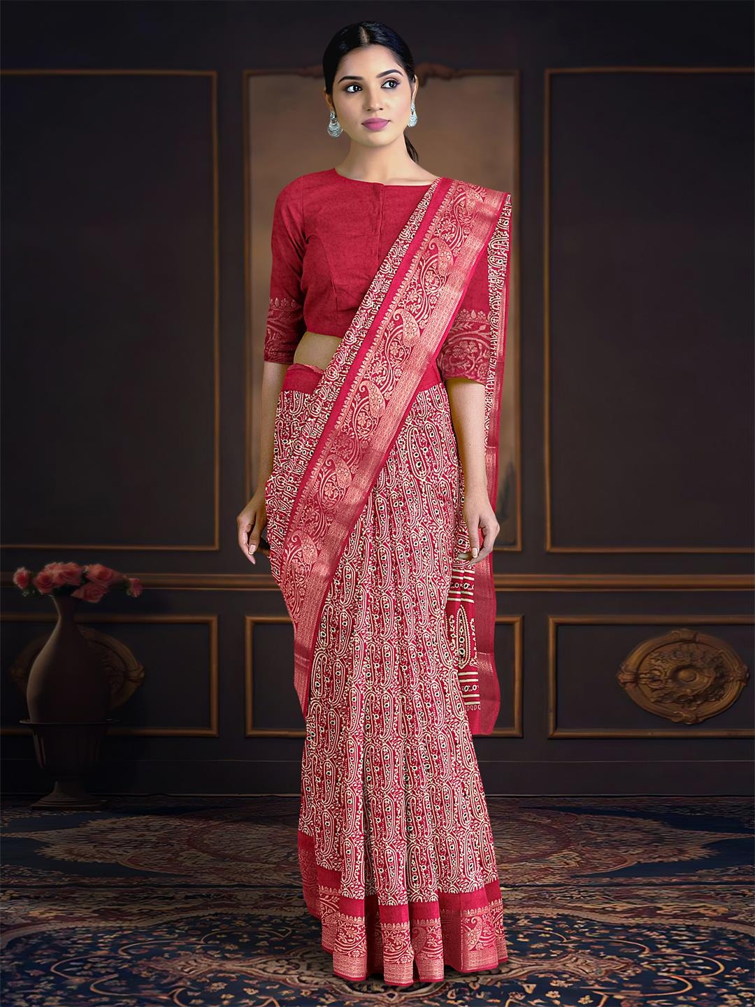 Kalamandir Paisley Printed Zari Saree, Red