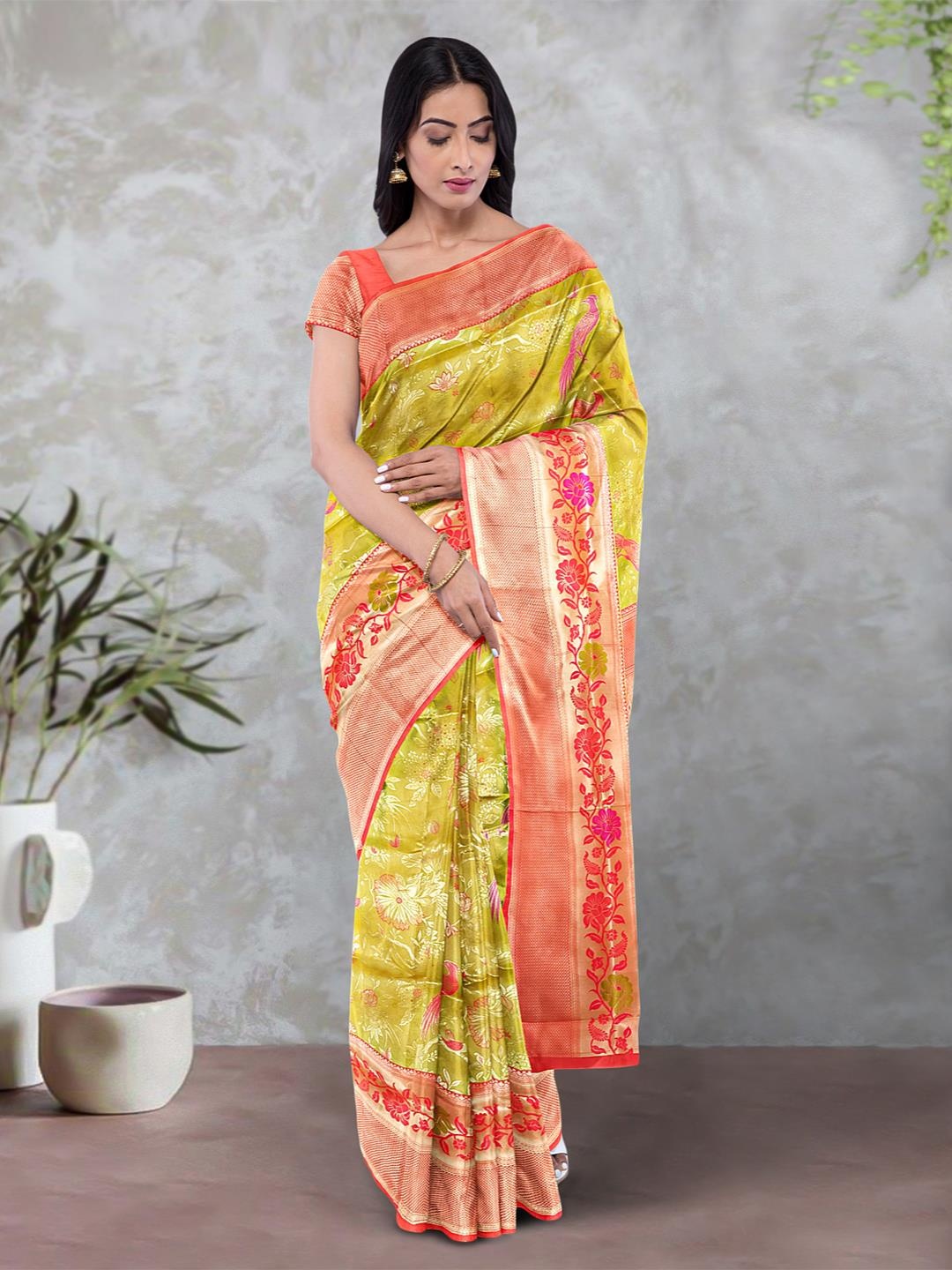 Kalamandir Floral Woven Design Zari Banarasi Saree, Green