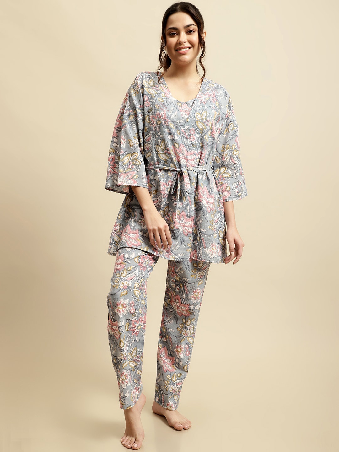 Secret Wish 3 Piece Handblock Sanganeri Floral Printed Pure Cotton Night Suit With Robe, Grey
Secret Wish 3 Piece Handblock Sanganeri Floral Printed Pure Cotton Night Suit With Robe, Grey