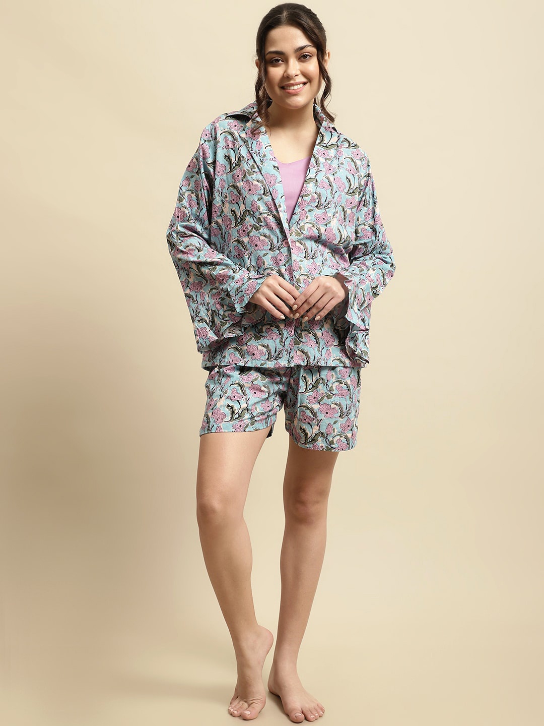 Secret Wish 3-Piece Sanganeri Floral Printed Pure Cotton Night Suit With Robe, Blue
Secret Wish 3-Piece Sanganeri Floral Printed Pure Cotton Night Suit With Robe, Blue