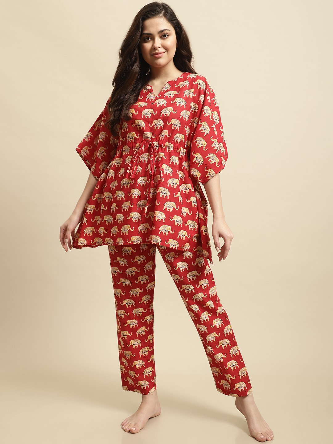 Secret Wish Notch Neck Rajasthani Elephant Printed Pure Cotton Kaftan & Trousers, Red
Secret Wish Notch Neck Rajasthani Elephant Printed Pure Cotton Kaftan & Trousers, Red