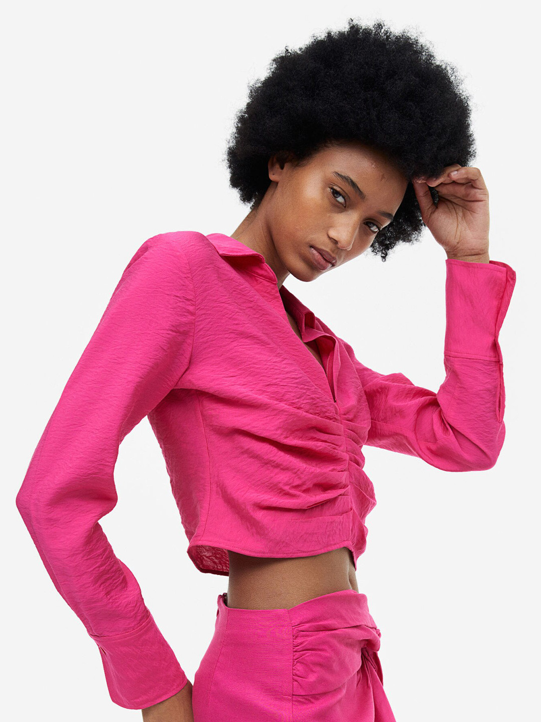 H&M Solid Pleated Collared Blouse, Pink 
H&M Solid Pleated Collared Blouse, Pink