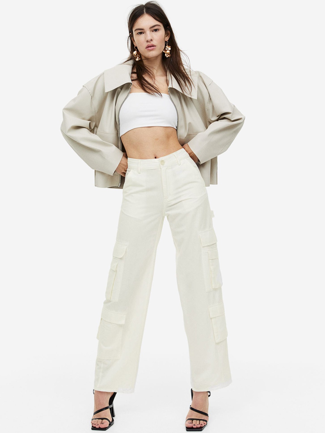 H&M Linen-blend Cargo Trousers, White