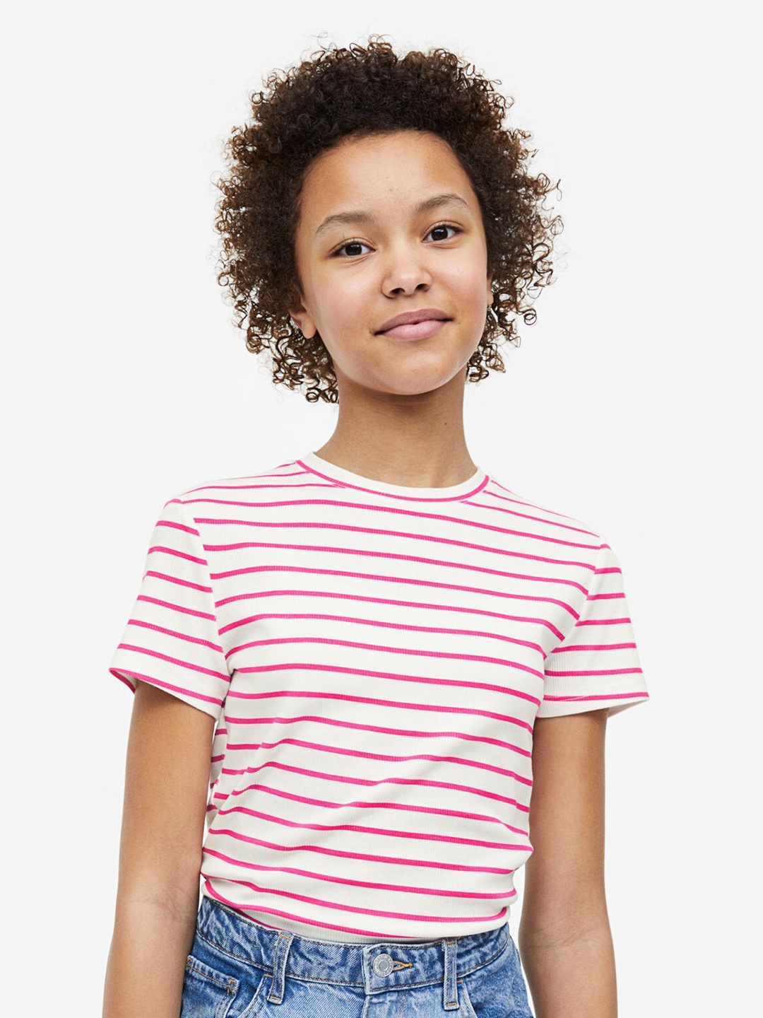 H&M Girls Ribbed Cotton Jersey Top, White