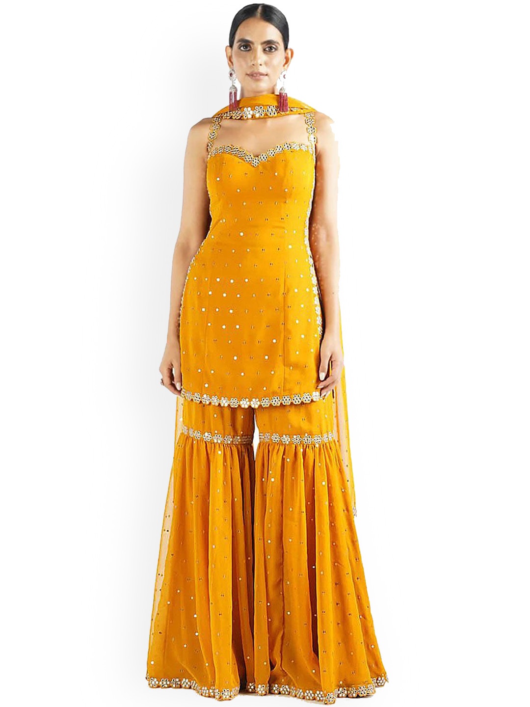 ODETTE Women Yellow Floral Embroidered Sequinned Kurta with Sharara & With Dupatta
ODETTE Women Yellow Floral Embroidered Sequinned Kurta with Sharara & With Dupatta