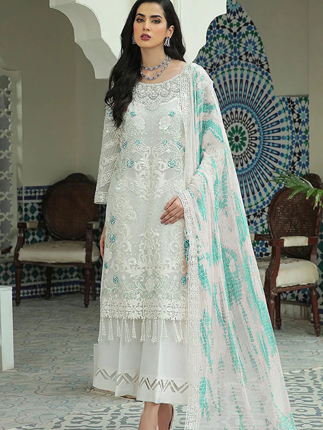ODETTE Ethnic Motifs Embroidered Sequinned Detail Semi-Stitched Dress Material, White
ODETTE Ethnic Motifs Embroidered Sequinned Detail Semi-Stitched Dress Material, White