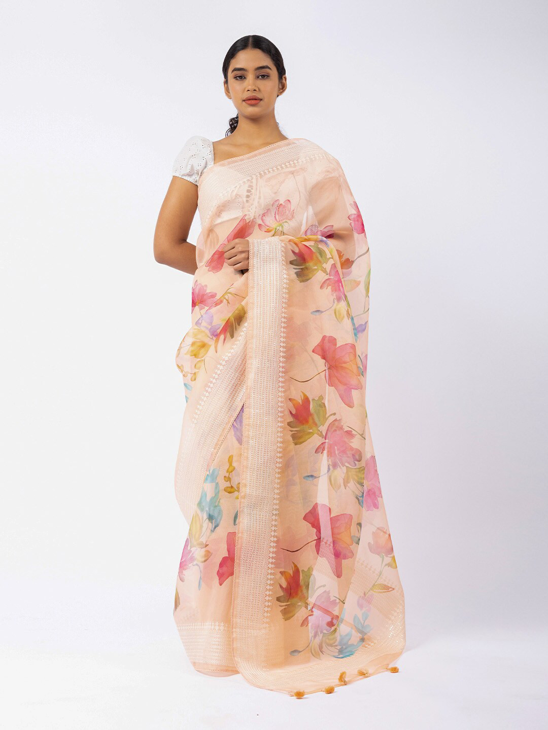 ReshaWeaves Floral Printed Organza Banarasi Saree, Pink 
ReshaWeaves Floral Printed Organza Banarasi Saree, Pink