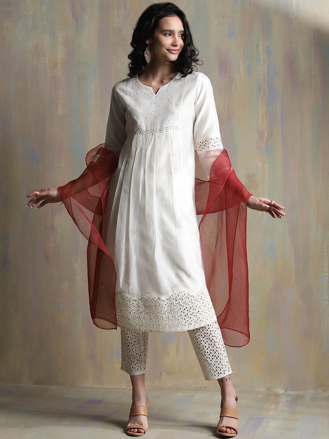 charkhee Yoke Design Pleated Beads and Stones Chanderi Silk Kurta With Trousers, White
charkhee Yoke Design Pleated Beads and Stones Chanderi Silk Kurta With Trousers, White