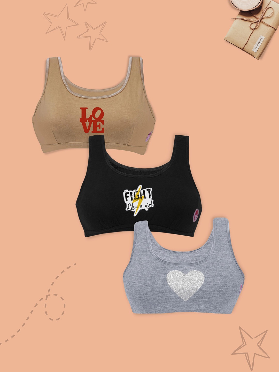 DChica Girls Pack Of 3 Printed Non-Padded Non-Wired Training & Gym Cotton Workout Bra, Black
DChica Girls Pack Of 3 Printed Non-Padded Non-Wired Training & Gym Cotton Workout Bra, Black