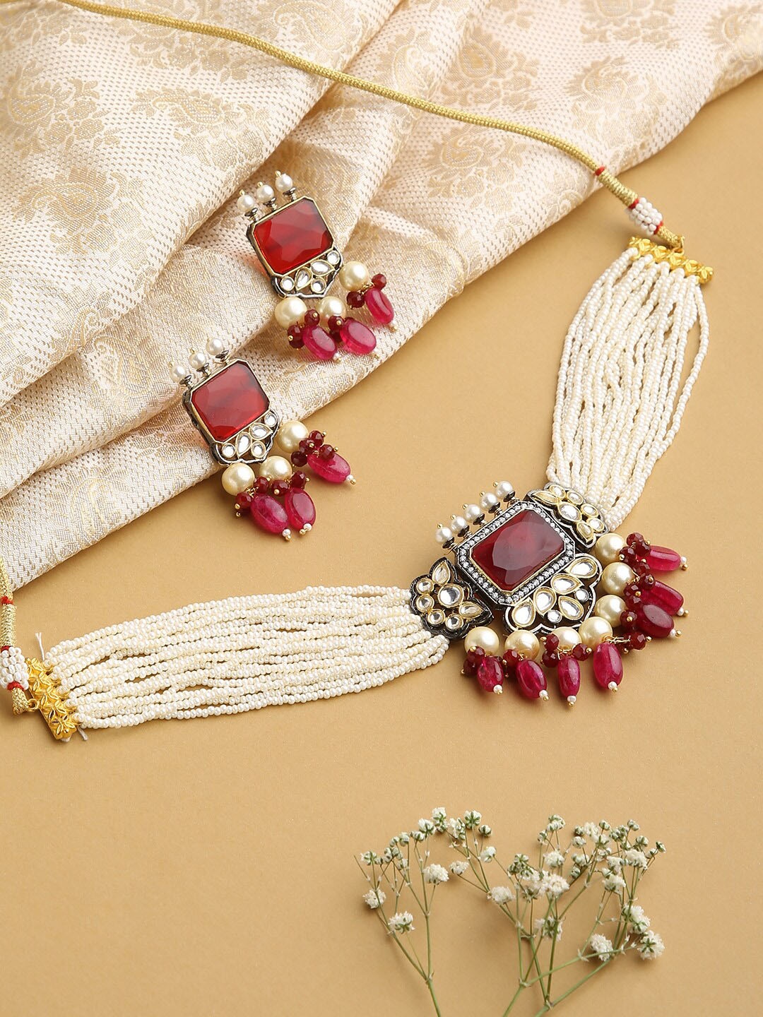 justpeachy Stone-Studded & Pearl Beaded Jewellery Set, Gold