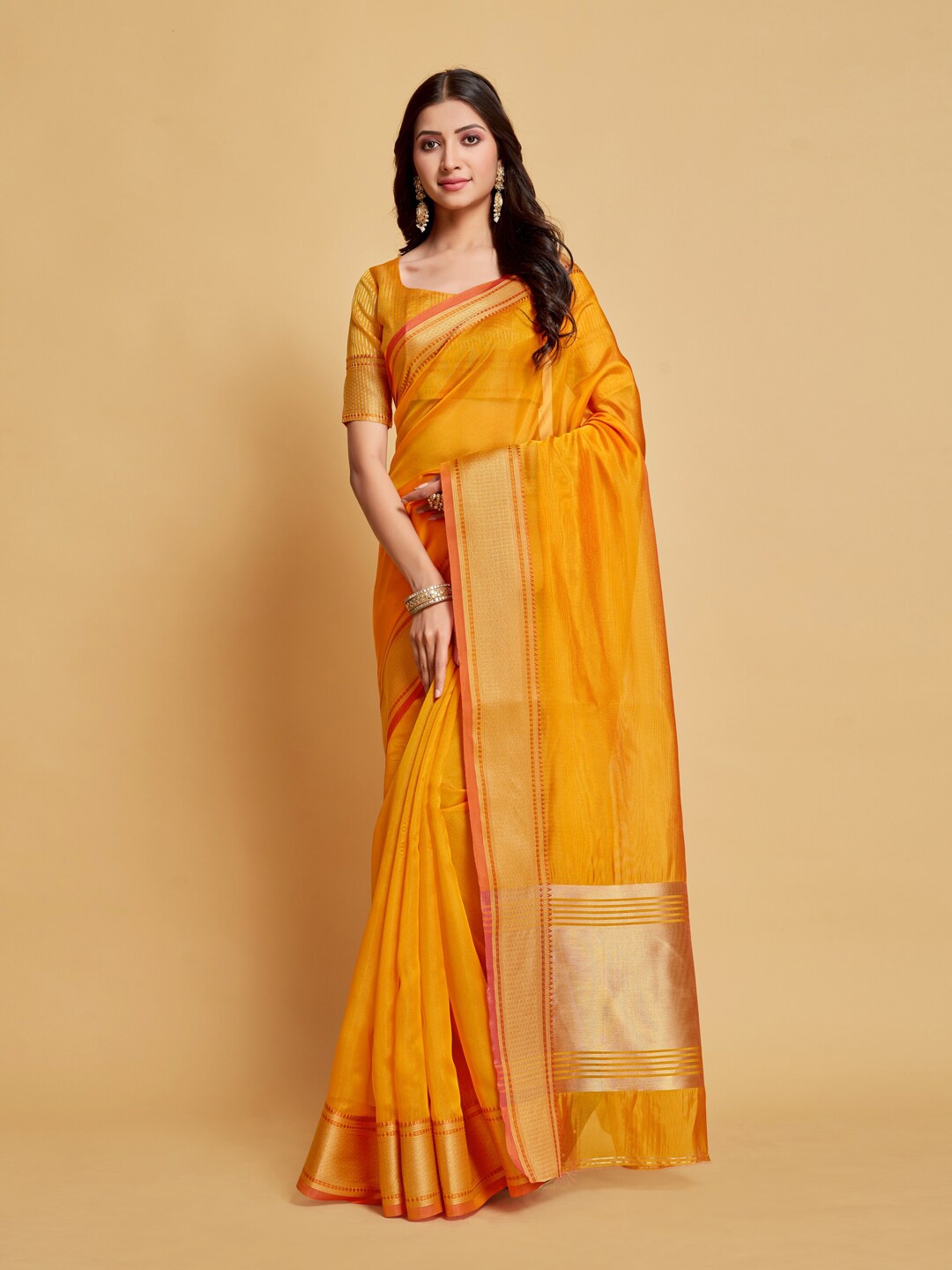 GAJARAI Mustard & Pink Zari Organza Banarasi Saree