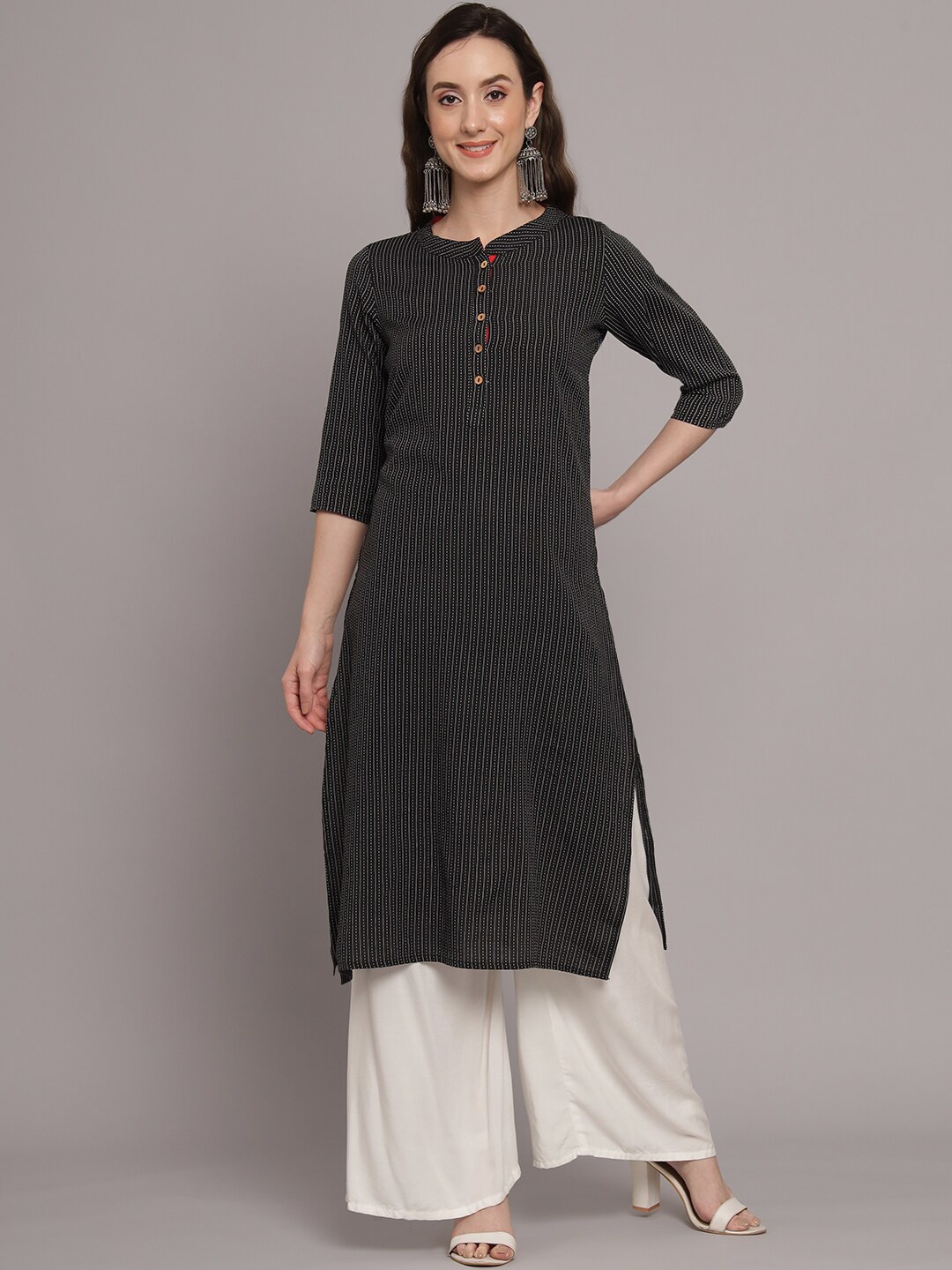 Myshka Striped Band Collar Pure Cotton Kurta, Black