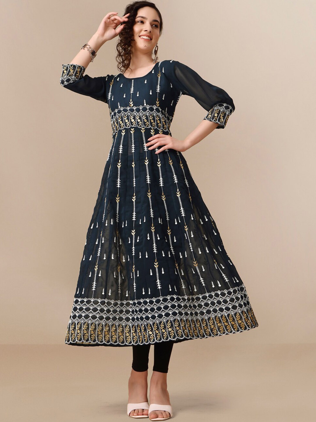 HERE&NOW Women Floral Gold Zari Embroidered Thread Work Georgette Anarkali Kurta, Teal
HERE&NOW Women Floral Gold Zari Embroidered Thread Work Georgette Anarkali Kurta, Teal