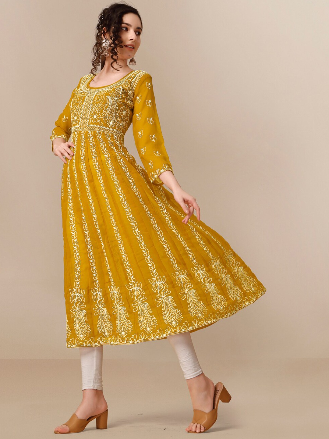 HERE&NOW Women Chikankari Embroidered Thread Work Georgette Anarkali Kurta, Mustard
HERE&NOW Women Chikankari Embroidered Thread Work Georgette Anarkali Kurta, Mustard