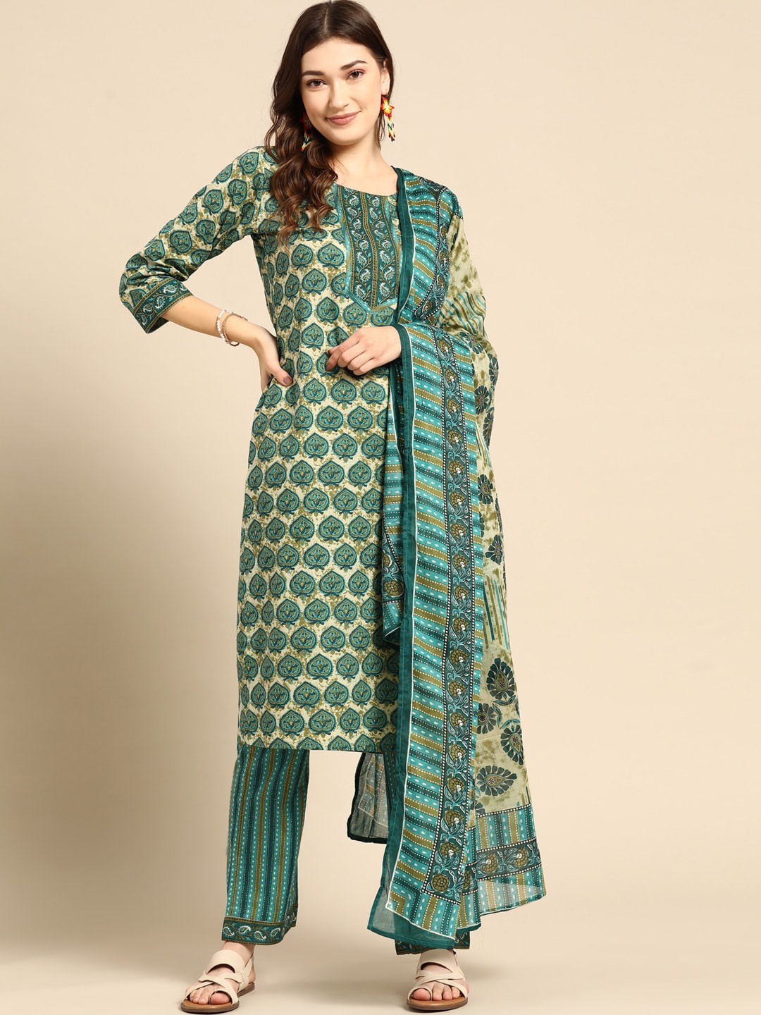 Sangria Ethnic Motifs Printed Pure Cotton Straight Kurta With Trouser & Dupatta, Teal
Sangria Ethnic Motifs Printed Pure Cotton Straight Kurta With Trouser & Dupatta, Teal