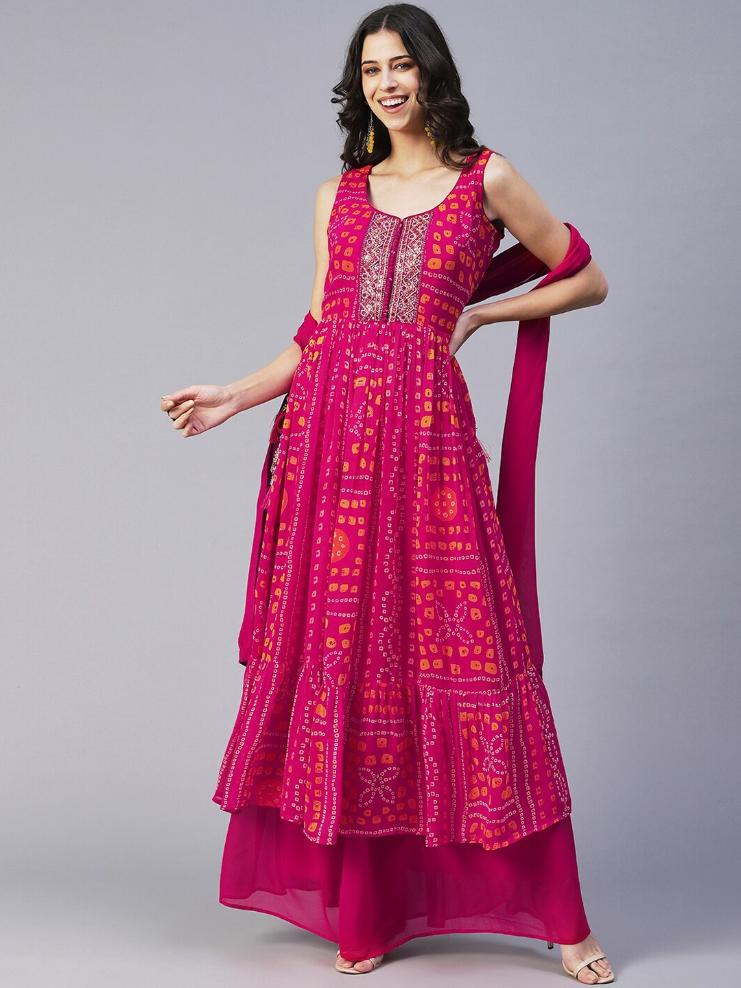 Envy Me by FASHOR Bandhani Printed Pleated Mirror Work Kurta With Palazzos & Dupatta, Pink
Envy Me by FASHOR Bandhani Printed Pleated Mirror Work Kurta With Palazzos & Dupatta, Pink