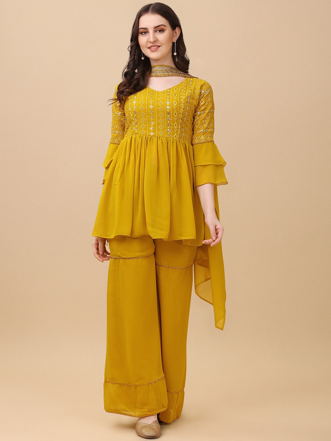 Virah Fashion Floral Embroidered Sequinned Anarkali Kurti with Sharara & Dupatta, Yellow
Virah Fashion Floral Embroidered Sequinned Anarkali Kurti with Sharara & Dupatta, Yellow