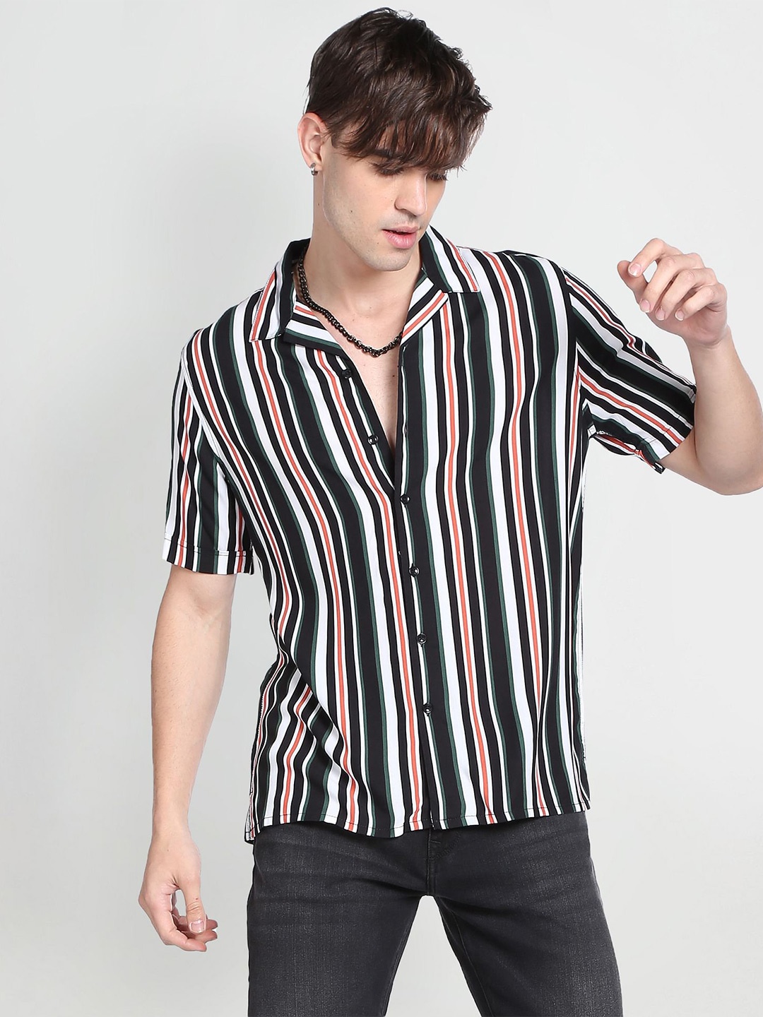 Flying Machine Spread Collar Slim Fit Vertical Striped Cuban Collar Casual Shirt, Black
Flying Machine Spread Collar Slim Fit Vertical Striped Cuban Collar Casual Shirt, Black