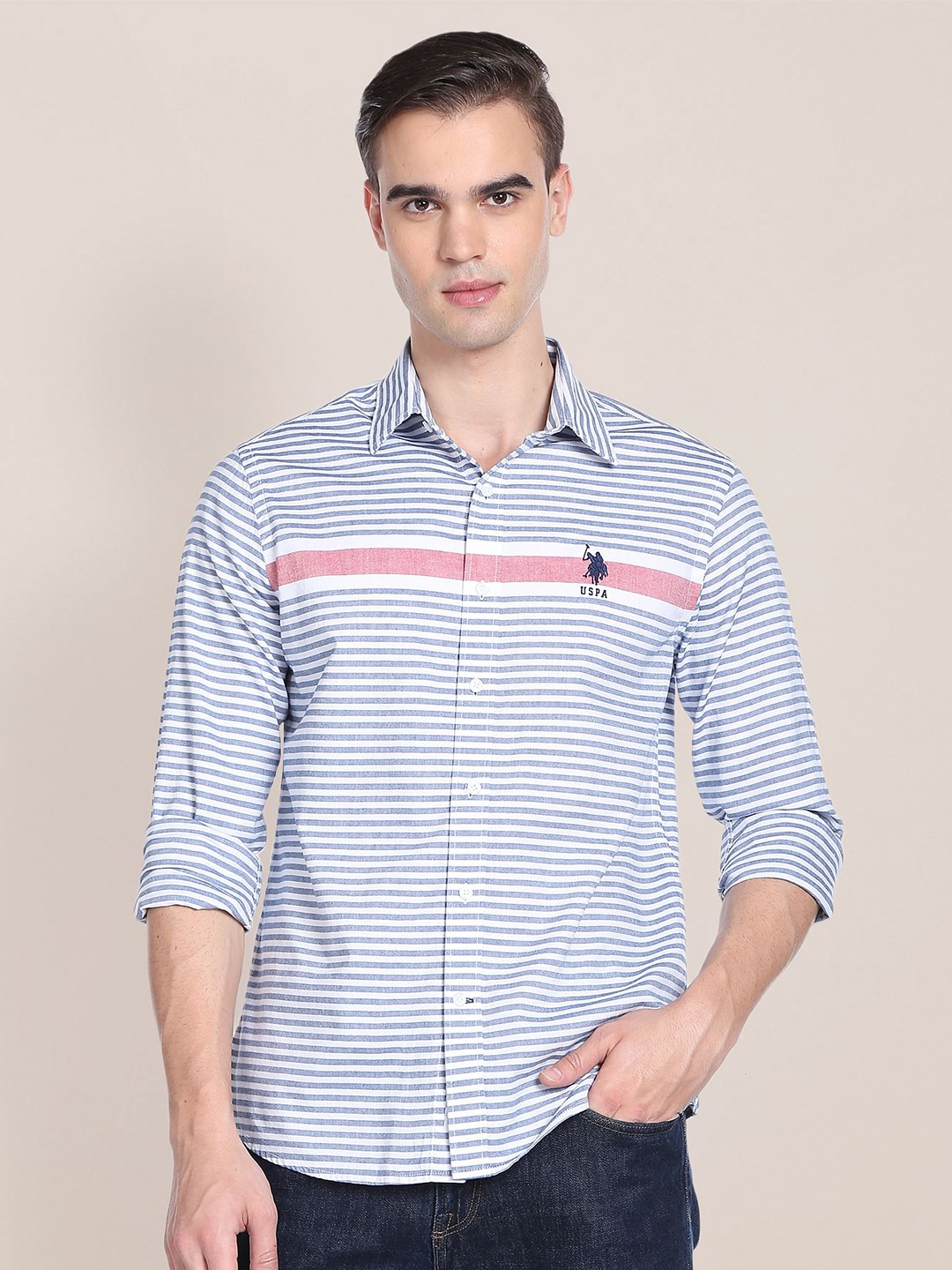U.S. Polo Assn. Horizontal Stripes Spread Collar Oxford Pure Cotton Casual Shirt, Blue
U.S. Polo Assn. Horizontal Stripes Spread Collar Oxford Pure Cotton Casual Shirt, Blue