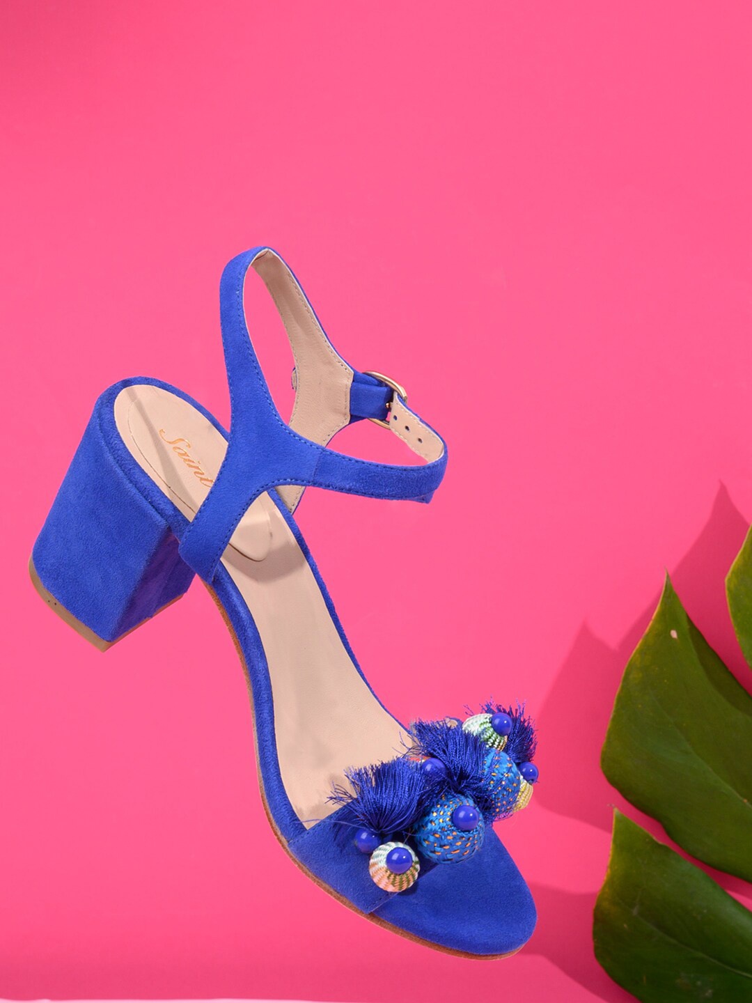 Saint G Textured Embellished Leather Block Heels, Blue