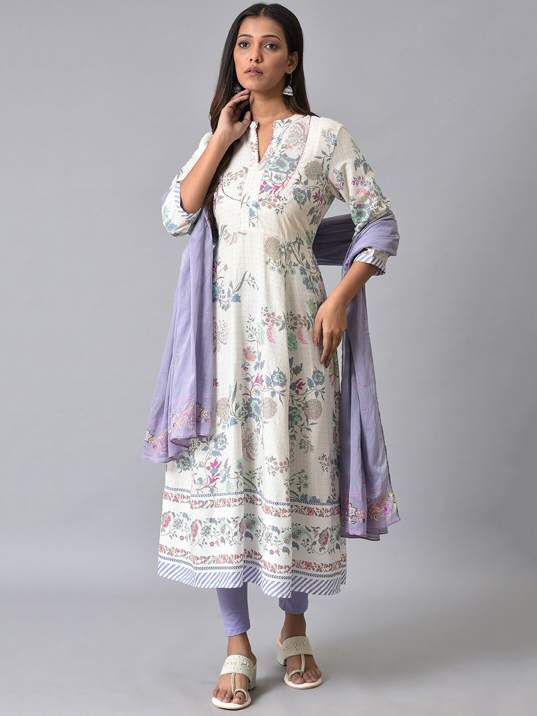 W Floral Printed Beads and Stones Work Anarkali Kurta With Leggings & Dupatta, Off white
W Floral Printed Beads and Stones Work Anarkali Kurta With Leggings & Dupatta, Off white
