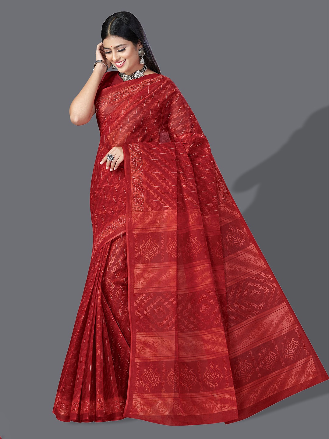 SHANVIKA Pure Cotton Block Print Saree, Red