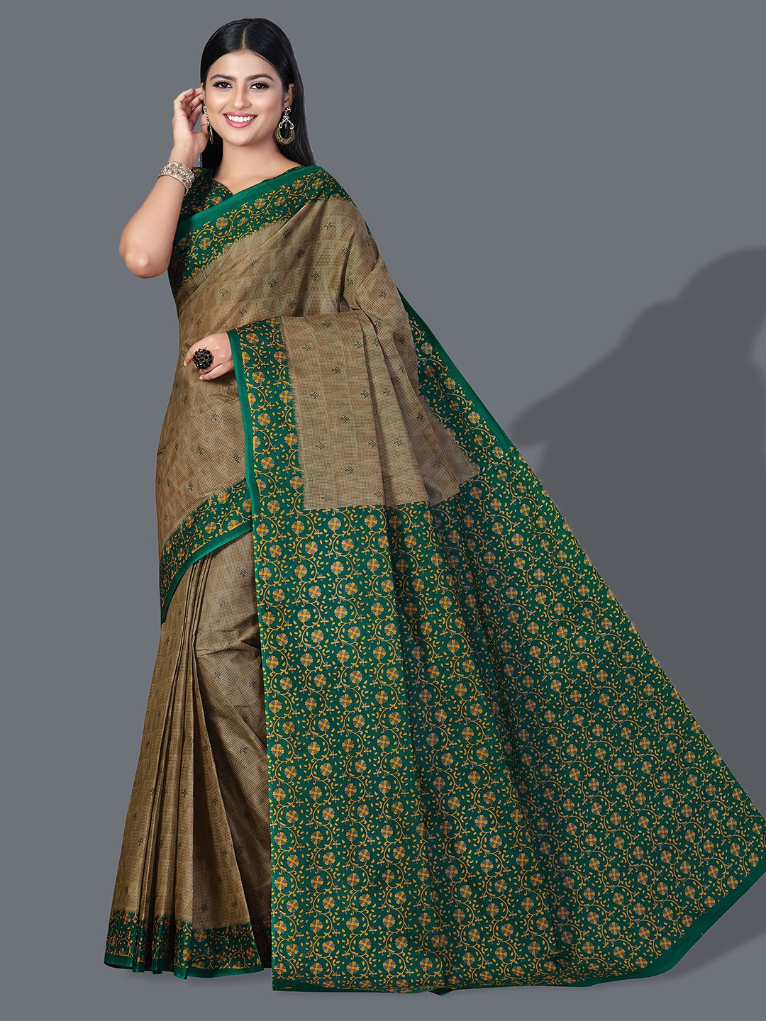 SHANVIKA Floral Printed Pure Cotton Block Print Saree, Brown