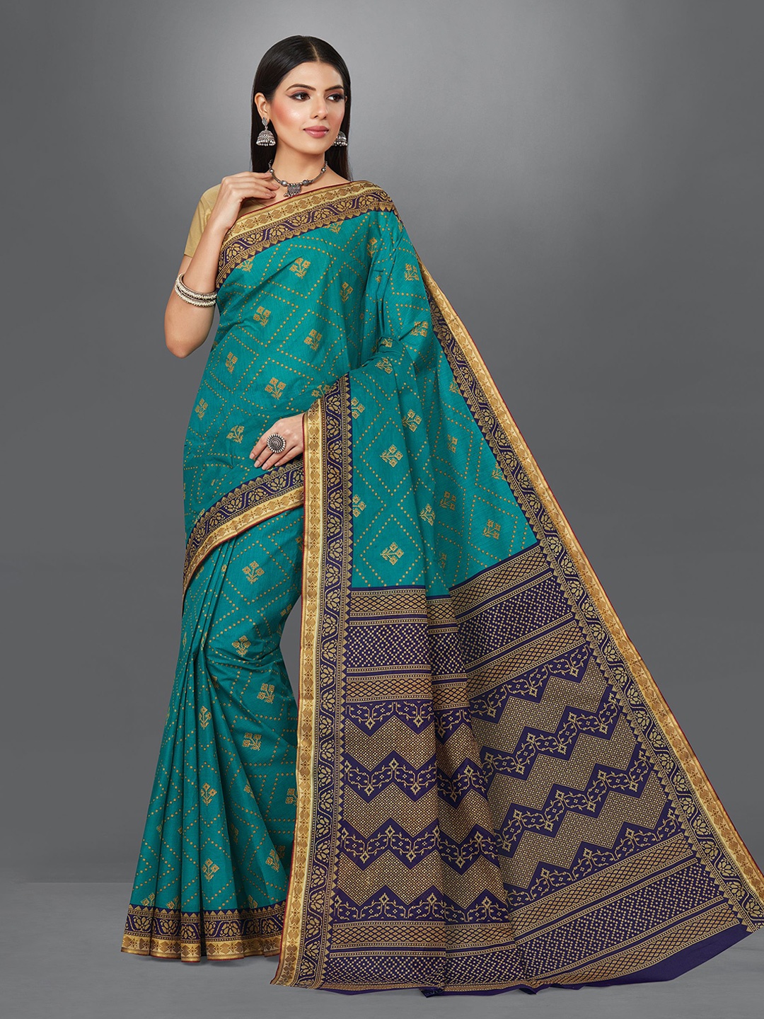 SHANVIKA Ethnic Motifs Pure Cotton Block Print Saree, Blue