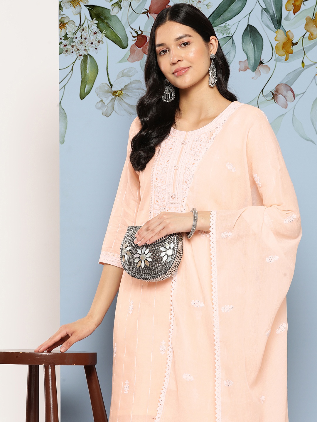 Yufta Ethnic Motifs Embroidered Sequinned Pure Cotton Kurta With Trousers & Dupatta, Peach
Yufta Ethnic Motifs Embroidered Sequinned Pure Cotton Kurta With Trousers & Dupatta, Peach