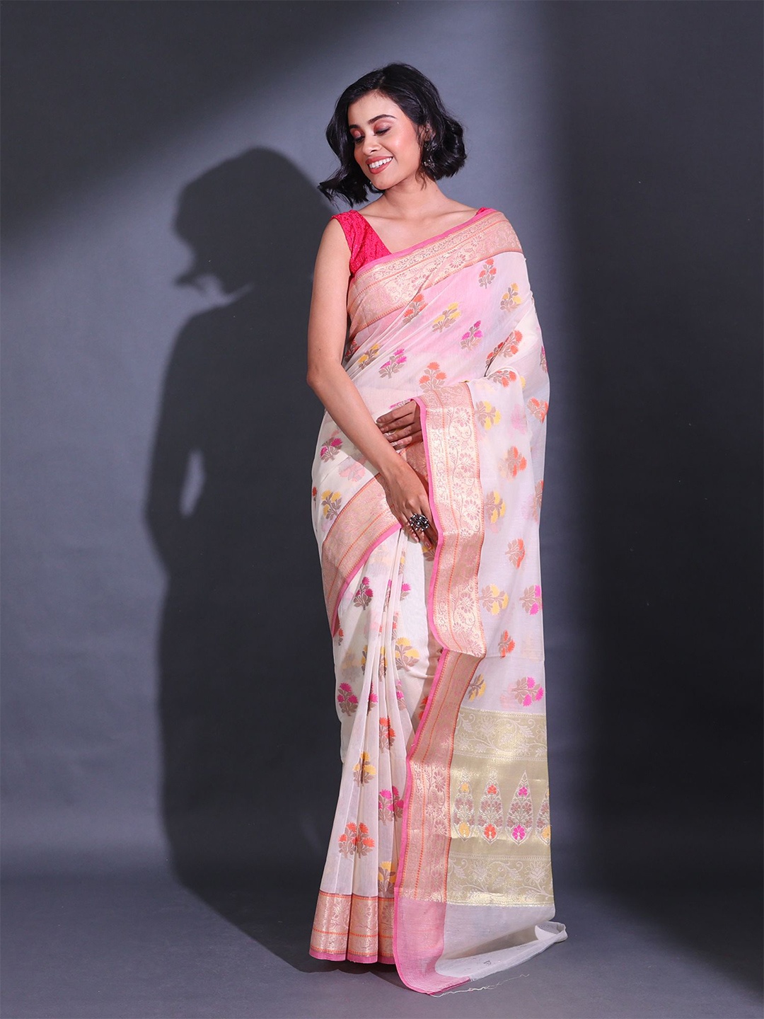 Charukriti Floral Motif Woven Design Zari Saree, Cream