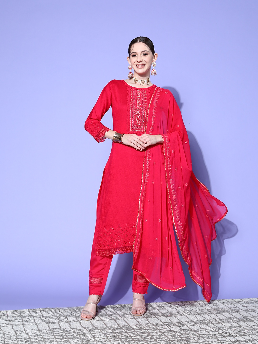 Sangria Floral Embroidered Regular Sequinned Kurta with Trousers & With Dupatta, Magenta
Sangria Floral Embroidered Regular Sequinned Kurta with Trousers & With Dupatta, Magenta