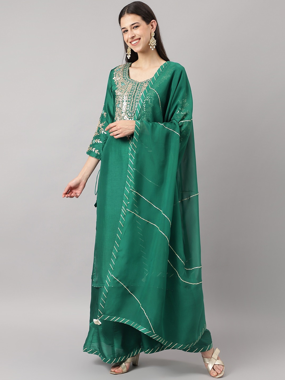 Divena Floral Embroidered Gotta Patti Pure Silk Kurta with Sharara & Dupatta, Green
Divena Floral Embroidered Gotta Patti Pure Silk Kurta with Sharara & Dupatta, Green