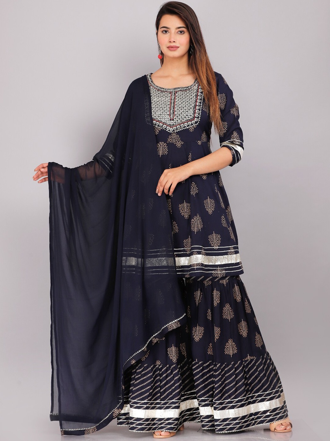 HIGHLIGHT FASHION EXPORT Bandhani Printed Anarkali Kurta with Sharara & Dupatta, Navy blue
HIGHLIGHT FASHION EXPORT Bandhani Printed Anarkali Kurta with Sharara & Dupatta, Navy blue